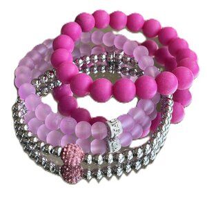 Rustic Cuff Stackable Stretch Bracelet Set Pinks and Silvers